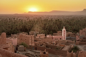 Palmerie Prints: Palmerie and village at sunset, Nkob, Morocco