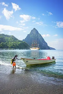 Retreat Prints: Palmtrees at Soufriere Beach Park and bay at sunset Soufriere, Saint Lucia