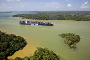 Panama, Container transiting Panama Canal, Gatun Lake