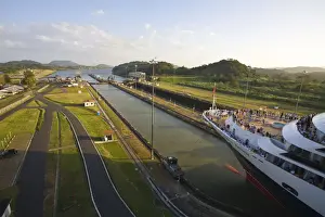 Panama, Panama Canal, Queen Victoria cruise ship on its maiden World Cruise transitting