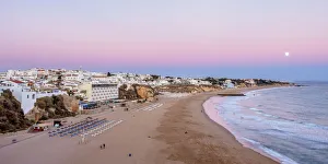 Albufeira Prints: Paneco Beach at dusk, elevated view, Albufeira, Algarve, Portugal