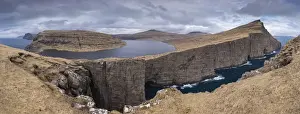 Panorama of the dramatic sea cliffs near Sorvagsvatn lake on the island of Vagar