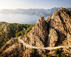 Scenic Road Prints: Panoramic aerial view of Calanches de Piana coastline, Western Corsica Island, France