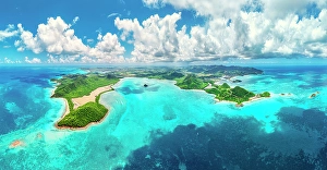West Indies Prints: Panoramic aerial view of fluffy clouds over Pearns Hill