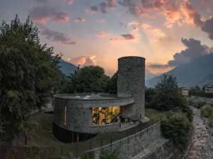 Morbegno Prints: Panoramic elevated view of library (Biblioteca civica Ezio Vanoni), Morbegno, Sondrio