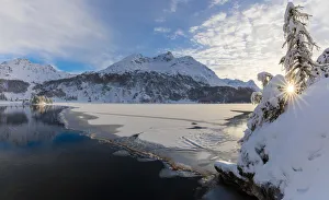 Panoramic of frozen Lake Sils, Plaun da Lej, Maloja Region, Canton of Graubunden, Engadin