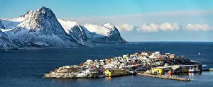 Cold Temperature Prints: Panoramic of Husoy island and small harbor in between sea and snowy mountains