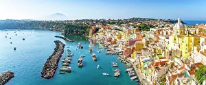 Horizon Over Water Prints: Panoramic of La Corricella fishing village and old harbor