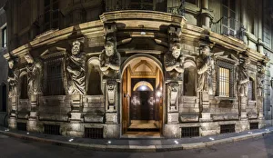Panoramic night view of the Casa degli Omenoni historic palace dated 16th century Panoramic night view of the Casa degli Omenoni historic palace dated 16th century