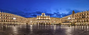 Panoramic night view of Plaza Mayor, Salamanca, Castile and Leon, Spain