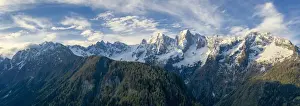 Panoramic of Sciore, Pizzo Badile and Cengalo surrounded by woods, Bondasca valley