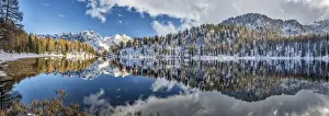 Panoramic shot of the Lake Malghette in autumn with Dolomites of Brenta in the background