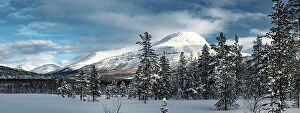 Images Dated 20th September 2023: Panoramic of the snowcapped mountains of Lyngen Alps surrounded by woods in winter, Tromso