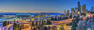 Panoramic view over Downtown skyline with Interstate 5 at twilight, Seattle, Washington, USA