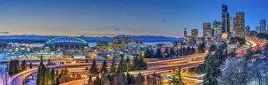 Interstate Prints: Panoramic view over Downtown skyline with Interstate 5 at twilight