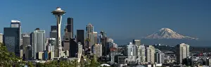Space Needle Prints: Panoramic view over downtown and Space Needle with Mount Rainier at distance, Seattle