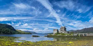 Non Urban Scene Prints: Panoramic view of Eilean Donan Castle by Loch Duich against blue sky, Dornie, Kyle