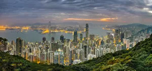 Panoramic view of Hong Kong skyline at dawn from Lugard Road on Victoria Peak, Hong