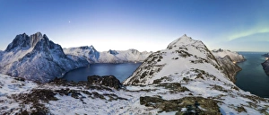 Panoramic view of the icy sea along the Mefjorden to Ornfjorden towards the peak Panoramic view of the icy sea along the Mefjorden to Ornfjorden towards the peak