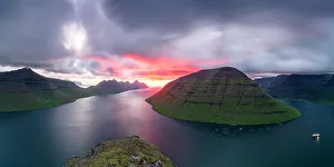 Trawler Prints: Panoramic view over Klakkur mountain and sea, Klaksvik, Bordoy island, Faroe Islands