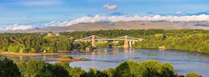 Panorama Prints: Panoramic view of Menai Suspension Bridge at sunset