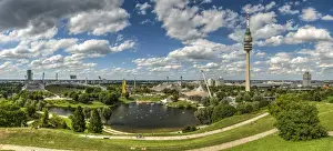 Panorama Prints: Panoramic view over the Olympic stadium and the Olympic tower or Olympiaturm, Olympiapark