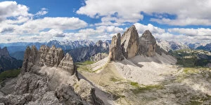 Panoramic view on the Three Peaks of Lavaredo from the summit of Mount Paterno, in summer
