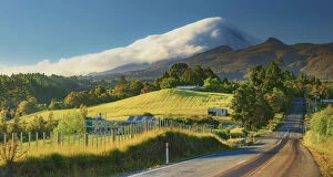 Panoramic view of the road loeading to Taranaki volcano in New Zealand northern island