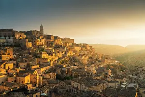 Basilicata Prints: Panoramic view of Sasso Caveoso of Matera at sunrise. Matera, Basilicata, Italy