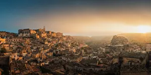 Basilicata Prints: Panoramic view of Sasso Caveoso of Matera at sunrise. Matera, Basilicata, Italy