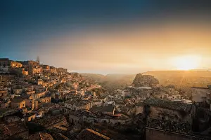 Basilicata Prints: Panoramic view of Sasso Caveoso of Matera at sunrise. Matera, Basilicata, Italy