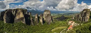 Panoramic view over the spectacular massive rocky pinnacles of Meteora, Thessaly, Greece