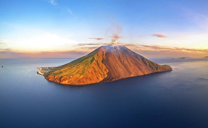 Isolated Prints: Panoramic view of Stromboli island with the smocking volcano