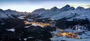 Panoramic winter view over Upper Engadine valley from Muottas Muragl with Celerina