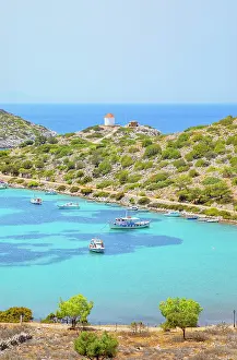 Symi Island Prints: Panormitis bay, high angle view, Panormitis, Symi Island, Dodecanese Islands, Greece