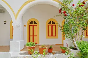 Aegean Prints: Panormitis monastery interior patio, Panormitis, Symi Island, Dodecanese Islands, Greece