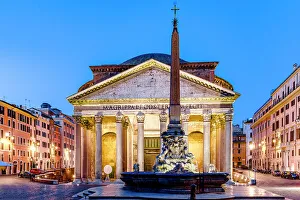 Portico Prints: The Pantheon and its fountain at dusk, Rome, Italy