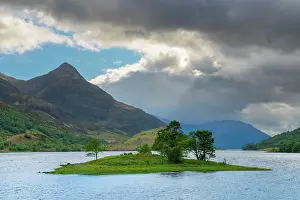 Glen Coe Prints: Pap of Glencoe mountain peak rising above Seagull island on Loch Leven