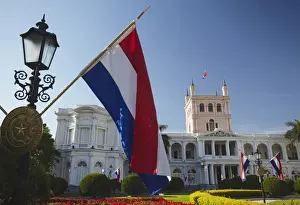 Paraguayan flags in front of Palacio de Gobierno (Government Palace), Asuncion, Paraguay