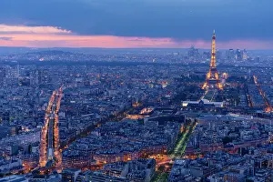 Eiffel Prints: Paris by night from above, streets and Tour Eiffel illuminated after sunset. France