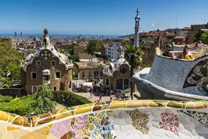 Bench Prints: Park Guell with city skyline behind, Barcelona, Catalonia, Spain