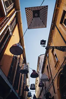 Emilia Prints: Parma, Illuminations installation with lampshades and buildings, Emilia Romagna, Italy