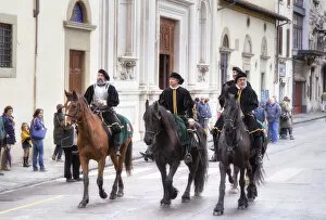 Participants in the Explosion of the Cart festival horse riding, Florence, Tuscany