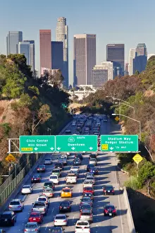 Highways Prints: Pasadena Freeway (CA Highway 110) Leading to Downtown Los Angeles, California, USA