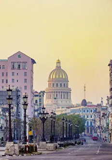 Paseo De Marti Prints: Paseo del Prado and El Capitolio at sunrise, Havana, La Habana Province, Cuba