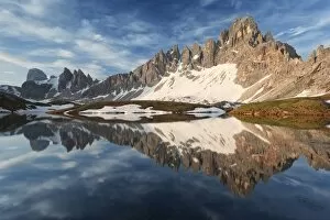 Paterno mount (Paternkofel) and Crode of Piani reflected in the Piani Lake (Bodenseen)