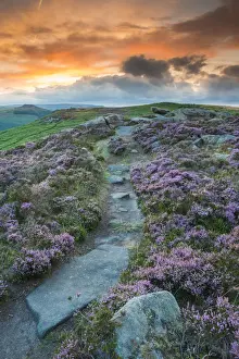 Trail Prints: Path Along Bamford Edge at Sunset, Peak District National Park, Derbyshire, England