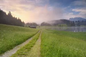 Images Dated 10th March 2021: Path at lake Geroldsee at sunrise, near Mittenwald, Werdenfelser Land, Bavaria, Germany