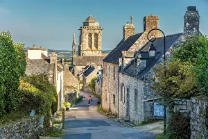 Alley Prints: Path to the old town of Locronan with Saint-Ronan Church, Finistere, Brittany, France