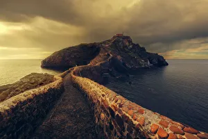Basque Prints: Pathway to San Juan de Gatzelugaxte at sunset, Basque Country, Spain